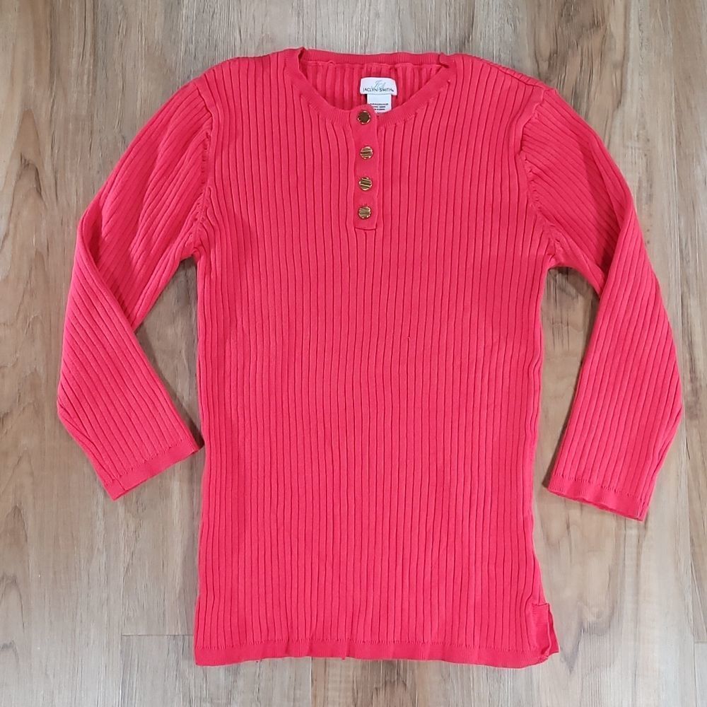 🔺️Jaclyn Smith Coral Ribbed Button Neck 3/4 Sleeve Top XLarge - Picture 2 of 9
